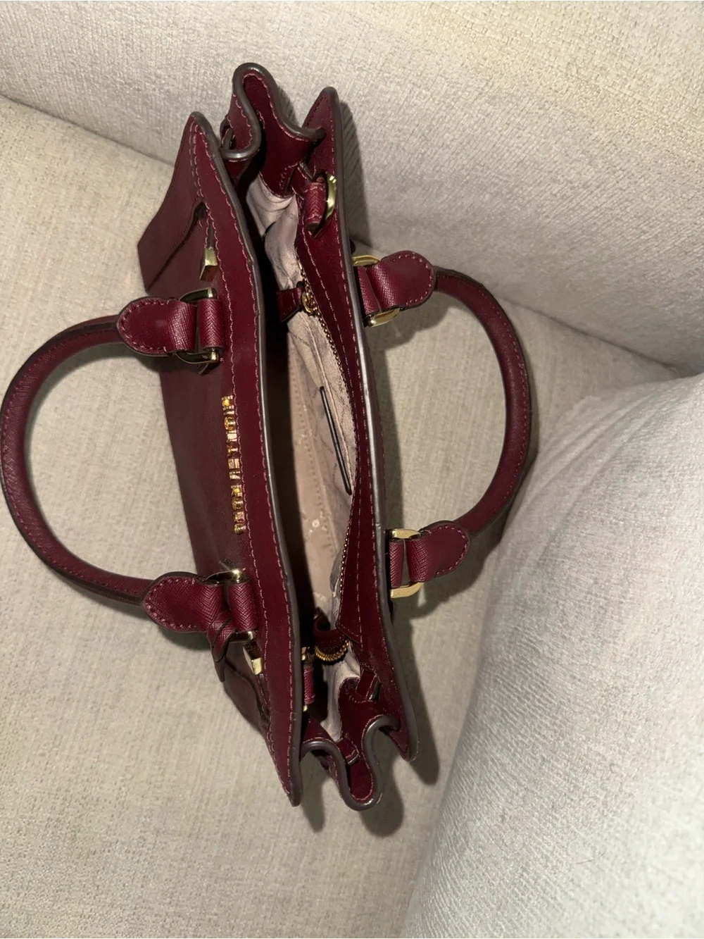 Michael Kors Bordeaux Saffiano Leather Satchel with Gold Hardware